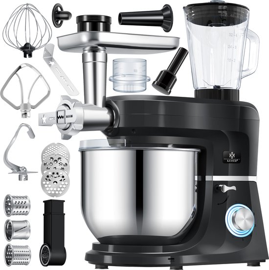 KESSER® 3 in 1 Keukenmachine Foodprocessor - Keukenmixer - Keukenrobotor K-KM 3000 met Kneder Multifunctionele Mixer 5,5 L Kom met 3 Menggereedschappen 1,5 L Sapcentrifuge Worstset Pasta & Koekjesvormen - Zwart van KESSER®