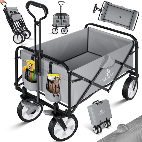 KESSER® Bolderkar opvouwbare Bolderwagen | incl. 2 netzakken Strandkar | PVC banden | tot 80 kg draagvermogen tuinaanhanger zonder dak - Grijs van KESSER®