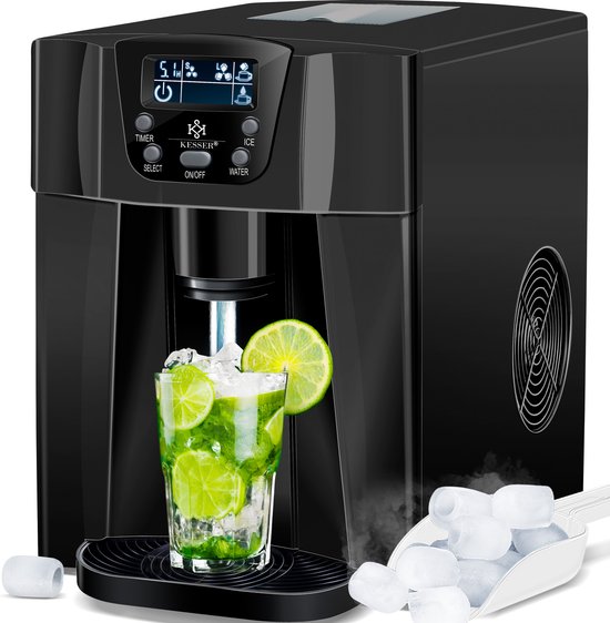 KESSER® IJsblokjesmachine 100W IJsblokjesmaker met IJsschep - Bereiding 9 ijsblokjes binnen 6 minuten (12kg ijsblokjes in 24 uur) - 2 Liter Watertank - met Timer en LCD-Display - Zwart