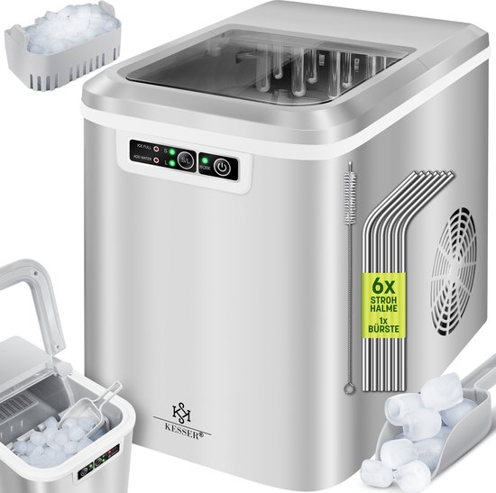 KESSER® IJsblokjesmaker Roestvrij Staal | Ice Maker | IJsmaker | 12 kg 24 uur | Bereiding in 7 min | Waterreservoir van 2,2 liter | 2 formaten ijsblokjes | LED-display | Zelfreinigende functie - Zilver van KESSER