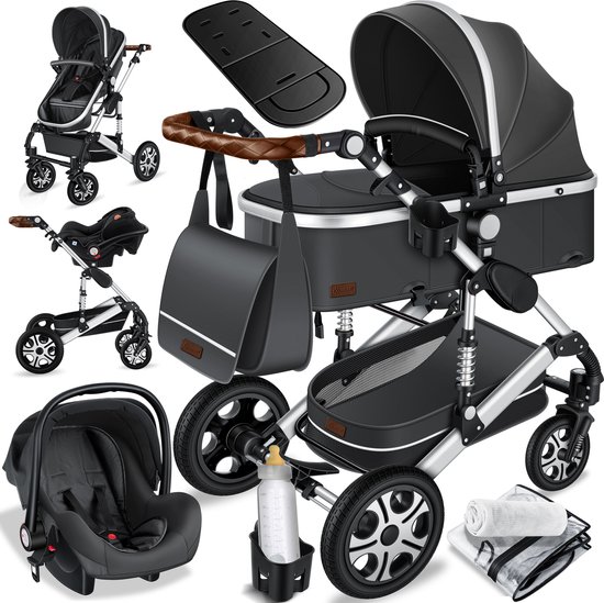 KESSER® Kinderwagen 3 in 1 Loops Wandelwagen Set incl. Autostoel & Reiswieg & Buggy Sportzitje - Massieve Rubberbanden - Luiertas / Regenhoes - Asfalt-Grijs / Zilver