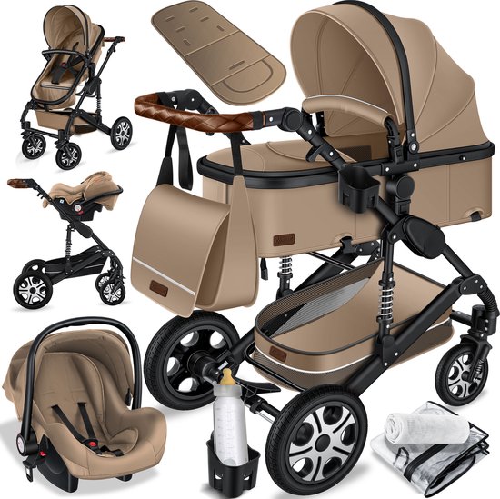 KESSER® Kinderwagen 3 in 1 Loops Wandelwagen Set incl. Autostoel & Reiswieg & Buggy Sportzitje - Massieve Rubberbanden - Luiertas / Regenhoes - Beige / Zwart van KESSER®