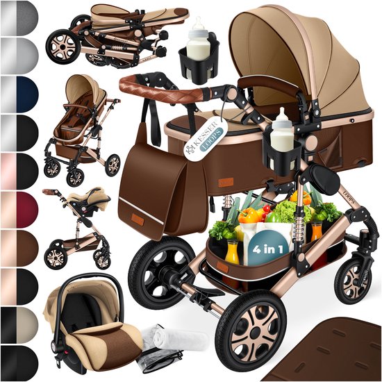 KESSER® Kinderwagen 3 in 1 Loops Wandelwagen Set incl. Autostoel & Reiswieg & Buggy Sportzitje - Massieve Rubberbanden - Luiertas / Regenhoes - Bruin / Champagne van KESSER®