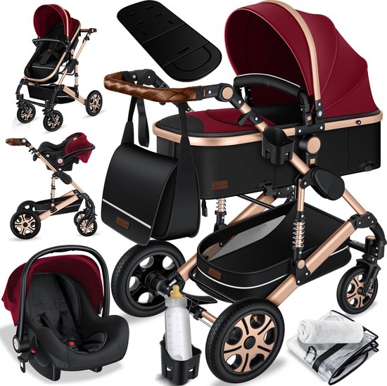 KESSER® Kinderwagen 3 in 1 Loops Wandelwagen Set incl. Autostoel & Reiswieg & Buggy Sportzitje - Massieve Rubberbanden - Luiertas / Regenhoes - Rood / Champagne van KESSER®