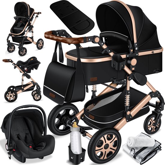 KESSER® Kinderwagen 3 in 1 Loops Wandelwagen Set incl. Autostoel & Reiswieg & Buggy Sportzitje - Massieve Rubberbanden - Luiertas / Regenhoes - Zwart / Champagne van KESSER®