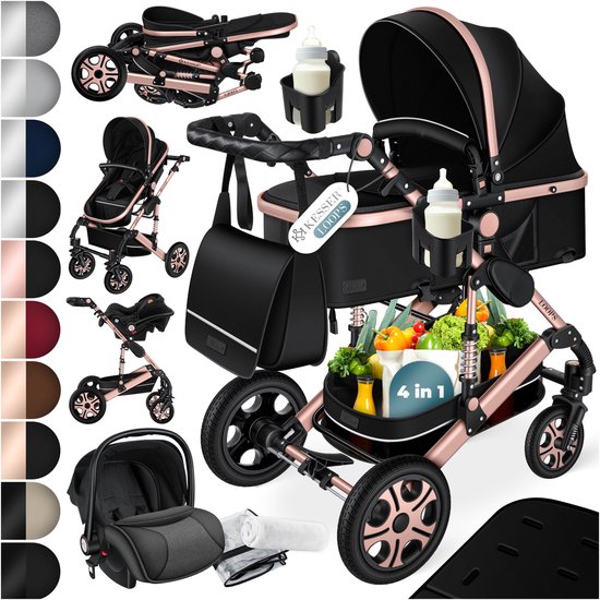 KESSER® Kinderwagen 3 in 1 Loops Wandelwagen Set incl. Autostoel & Reiswieg & Buggy Sportzitje - Massieve Rubberbanden - Luiertas / Regenhoes - Zwart / Roségoud van KESSER®