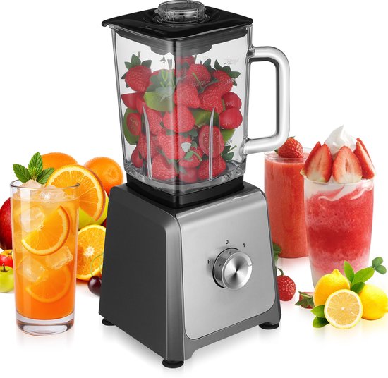 Keukenblender – 1,6 Liter Glas Kan – 6 Messen & Instelbare Snelheden – Voor Smoothies, Sap & IJs – Zilver – EU-stekker van Merkloos