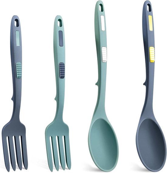 Keukenhulpen Set van 4 Stukken, Silicone Lepels en Vorken voor Roeren, Mengen en Pureren (Lichtblauw, Donkerblauw) van Merkloos