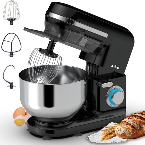 Keukenmachine - 1000W Keukenmixer met 5L RVS Kom, 20 Snelheden, Pulsefunctie en 3 Opzetstukken, Zwart