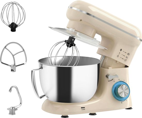 Keukenmachine 1300W Beige - Keukenmixer met 4,5L RVS Mengkom - 6 Snelheden met Pulsfunctie - Kneedmachine met Deeghaak, Garde en Klopper van Ropilly