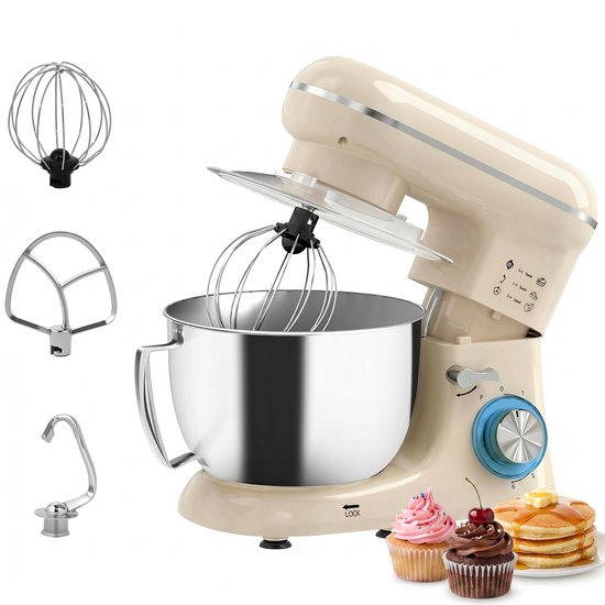 Keukenmachine 1300W - Keukenrobot - 4.5L - Foodprocessor met 6 - standen - Mixer met Mengkom - BPA-vrij - Keukenmixer - 3 Accessoires - Beige