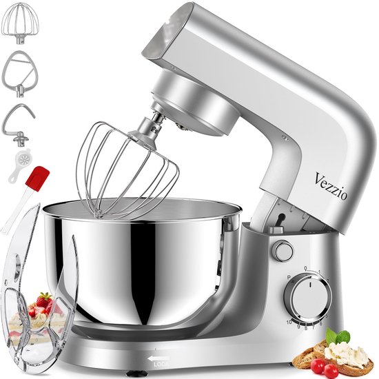 Keukenmachine 1500W – 10 Snelheden – Kneedmachine met 4,5L RVS Mengkom – Zilver