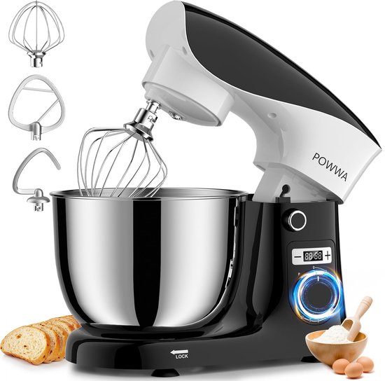 Keukenmachine 1500W – 5L RVS Mengkom – 10 Snelheden – Kneedmachine met 3 Opzetstukken – Zwart/Wit