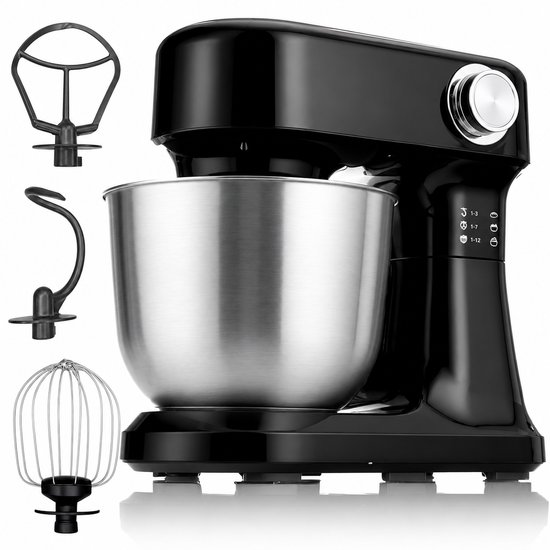 Keukenmachine 1500W – 5L RVS Mengkom – 12 Snelheden – Met Garde, Deeghaak en Menghaak – Zwart