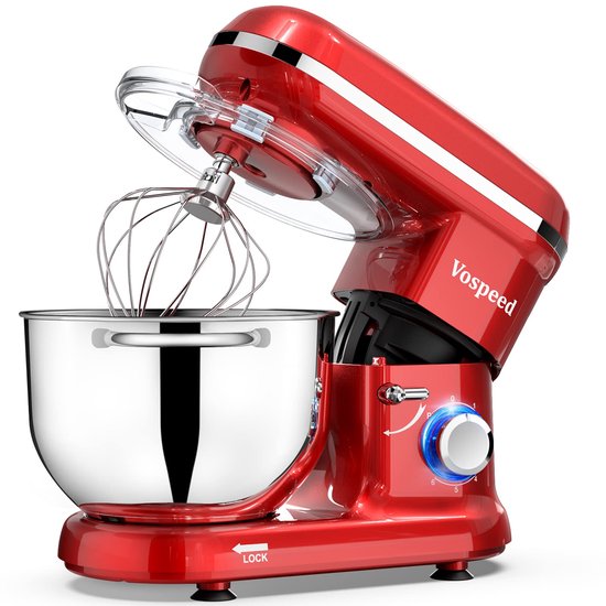 Keukenmachine 1500W – 6 Snelheden – 6L RVS Mengkom – Met Garde, Deeghaak en Menghaak – Rood