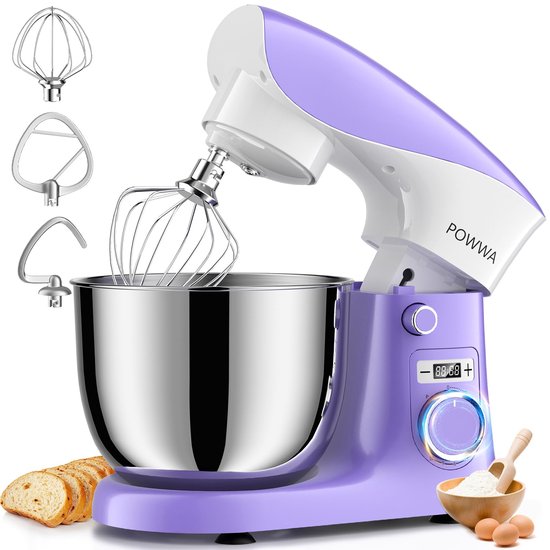 Keukenmachine 1500W – Kneedmachine met 10 Snelheden – 5L RVS Mengkom – Vaatwasserbestendig – Paars/Wit