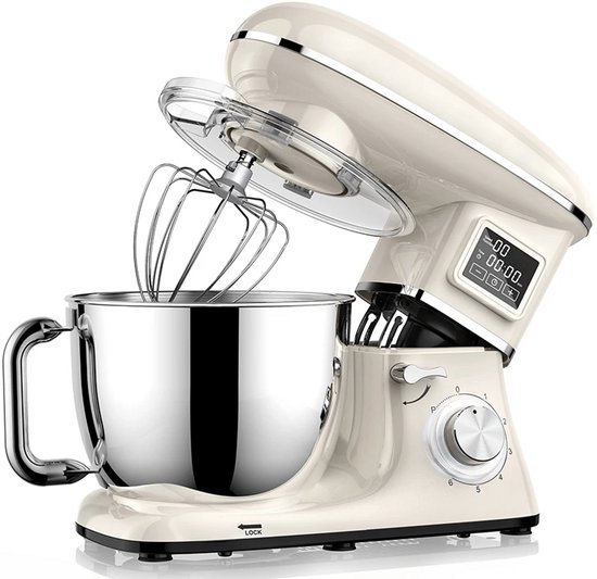 Keukenmachine 1500W - Standmixer 6,5L met LED Display - 6 Snelheden - RVS Mengkom - Wite