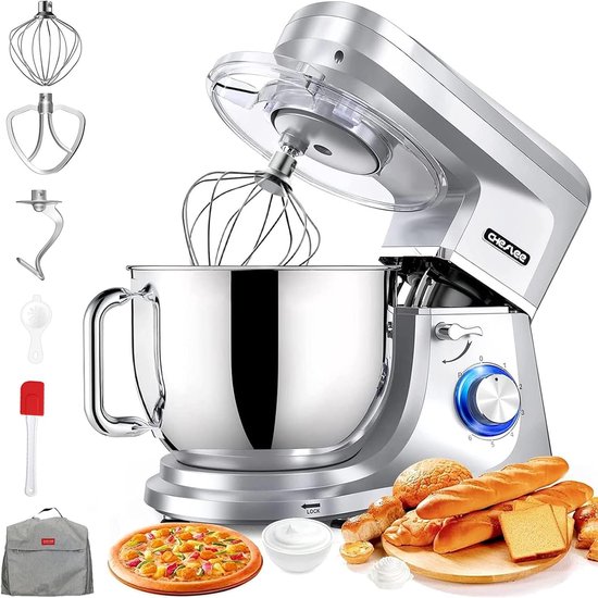 Keukenmachine, 1800 W, krachtige kneedmachine, met kneed- en roerfunctie, 6 snelheden, geluidsarme deegkneedmachine, 7,2 liter, roestvrijstalen kom, deeghaak en garde, spatbescherming
