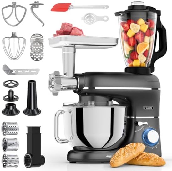Keukenmachine 2000W – 6,2L RVS Mengkom – Foodprocessor met Vleesmolen, Blender en Accessoires – Zwart