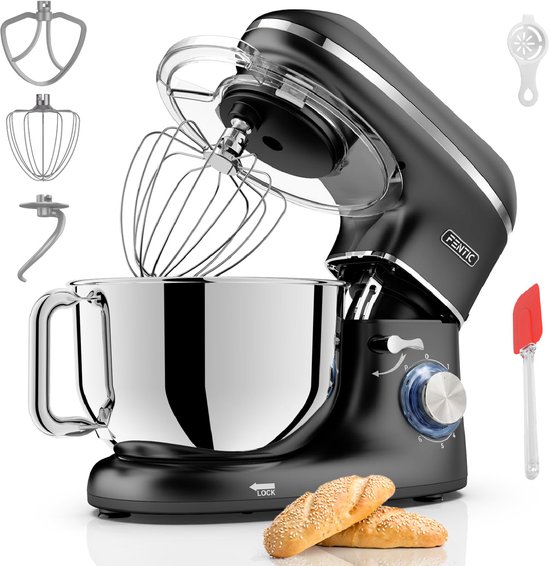 Keukenmachine - 2000W Mixer met 6,2L RVS Kom, 6 Snelheden, Pulsefunctie en 3 Opzetstukken, Zwart