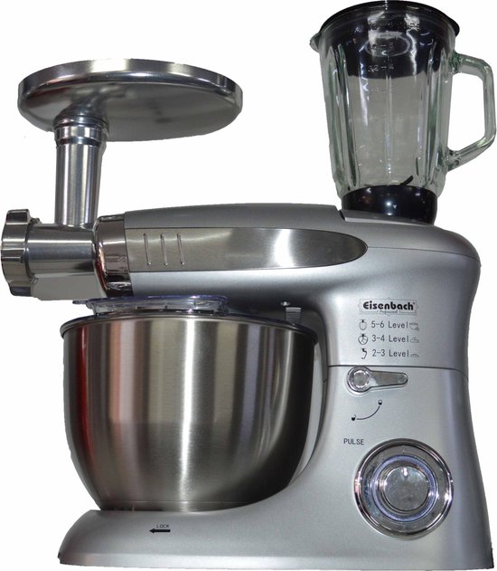 Keukenmachine 3in1 - Zilver - 2000W Kom 8L - hakmolen - crusher, blender, vleesmolen en diverse deeghaken - 6 snelheden + pulse functie van Merkloos