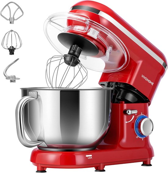 Keukenmachine 5,7L - 1500W Staande Mixer - 10 Snelheden - Met Spatdeksel - Rood