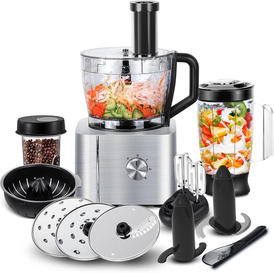 Keukenmachine - Hakmolen - Foodprocessor - Keukenmixer - Inc. 3.2L Mengkom - Deegkneden - Keukenmachine Hakmolen - 1.5L Mixer - Molen - Citruspers - Garde - RVS - 1100W - 23 x 22 x 42 cm - Zilver van Merkloos
