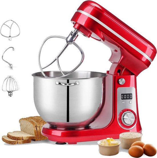 Keukenmachine - Keukenmixer + 3 opzet stukken - Foodprocessor + Deeg haak /Roer stang/ Mengstaaf - 6L - Met Mengkop
