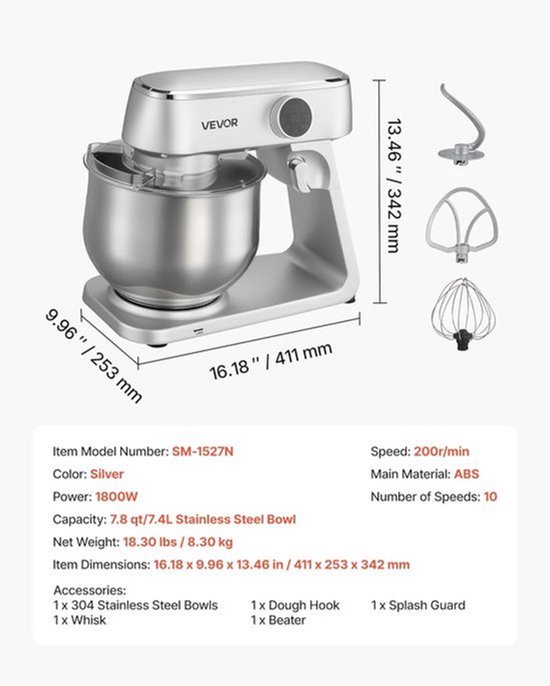 Keukenmachine – Keukenmixer – Keukenrobot – Foodprocessor – Mixer – 7,4L RVS Mengkom – 1800W Motor – 10 Snelheden – Inclusief Deeghaak, Garde En Platte Mengklopper