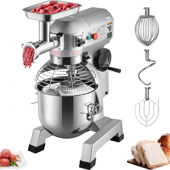 Keukenmachine Keukenmixer - Planetaire deegmixer 19 L - 3 Snelheden - RVS Kom - Veiligheidskap - 4-delige Accessoireset - Voor Horeca