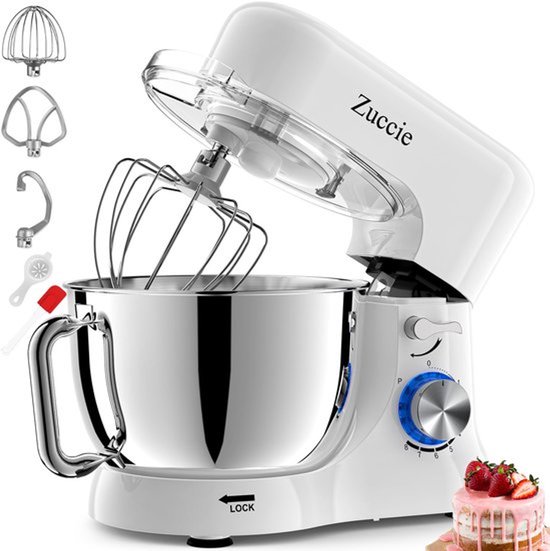 Keukenmachine, kneedmachine, stille roermachine, incl. 5 l roestvrijstalen kom, 3 roergereedschappen, spatbescherming, deegschraper en eischeider, deegmachine met snelheid van 8 P (wit)