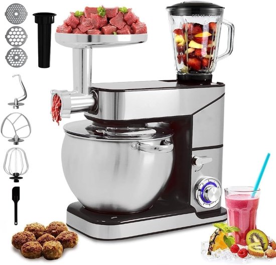 Keukenmachine - Mixer - Bakken en koken - 3-in-1 functie - 12 liter kom - Zilver