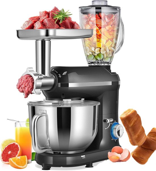 Keukenmachine - Mixer Blender - Bakken en Koken - 3-in-1 Multifunctioneel - 7 Liter Kom - Zwart