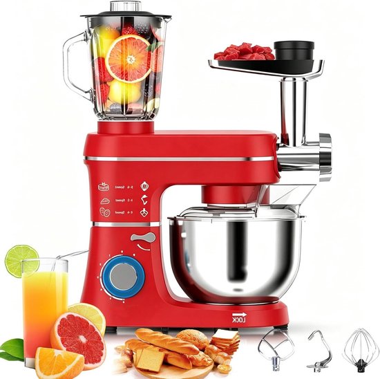 Keukenmachine - Mixer Deegklopper - Bakken en Koken - 5-in-1 Functies - 10L Kom - Rood