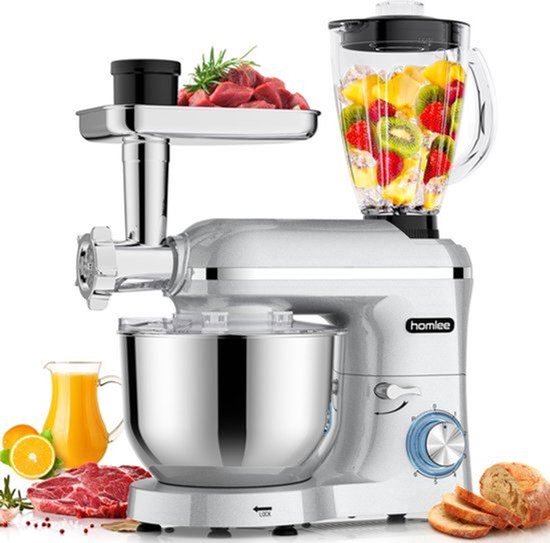 Keukenmachine Multifunctioneel - 2000 W Vermogen - 5,5 L Roestvrijstalen Kom - Zilver - Planetair Roersysteem