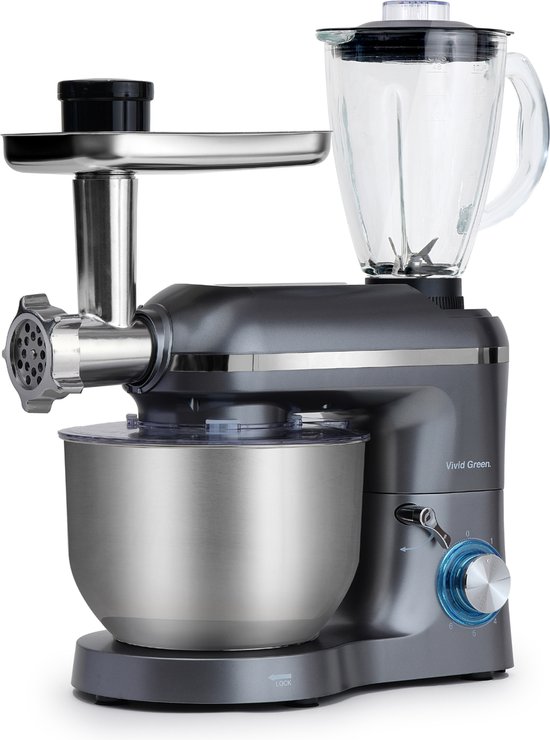 Keukenmachine multifunctioneel 2000W - Keukenrobot - Foodprocessor - Keukenmixer met RVS Mengkom - Incl. 15 Accessoires - Incl. Gehaktmolen en Blender 6.2L - Grijs - Vivid Green van Vivid Green