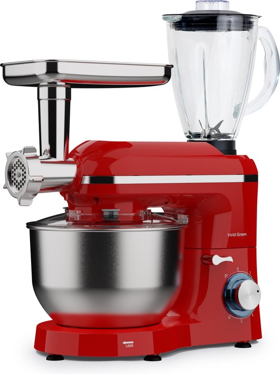 Keukenmachine multifunctioneel 2000W - Keukenrobot - Foodprocessor - Keukenmixer met RVS Mengkom - Incl. 15 Accessoires - Incl. Gehaktmolen en Blender 6.2L - Rood - Vivid Green van Vivid Green
