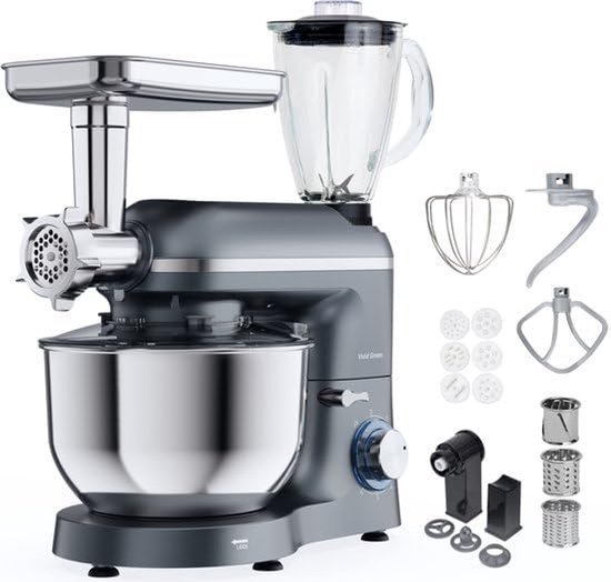 Keukenmachine multifunctioneel - Keukenrobot foodprocessor - Alle bereidingen - 15 accessoires - 6.2L kom - Grijs