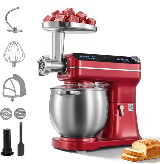 Keukenmachine - Multifunctionele keukenmixer voor deeg, room, beslag en vlees - Kantelbare kop - 7 liter - 1000 W - 2-in-1 - Met mengkom, deeghaak, klopper en garde - Rood