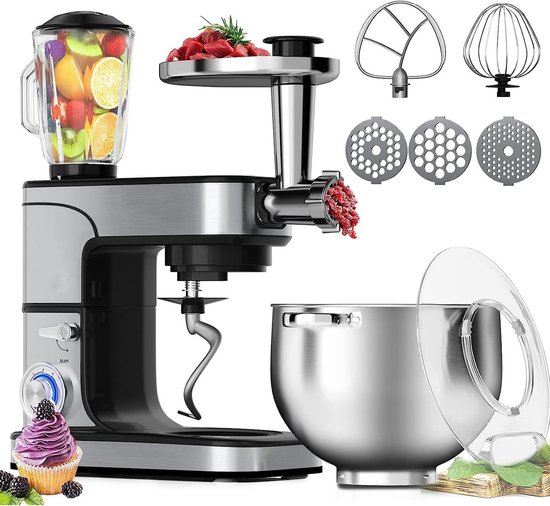 Keukenmachine - Multifunctionele mixer - Bakken en koken - Planetaire mengbeweging - 12 liter kom - Zilver
