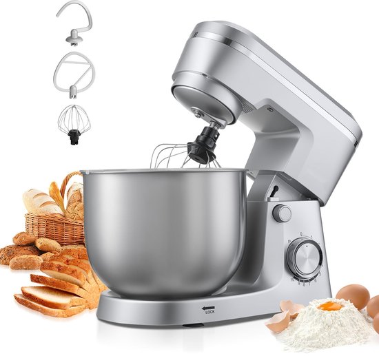 Keukenmachine - Staande Mixer - Krachtige 1500W Motor - Roestvrijstalen Mengkom 5,7 L - 10 Snelheden - Kantelbare Kop - Inclusief Deeghaak, Klopper en Garde