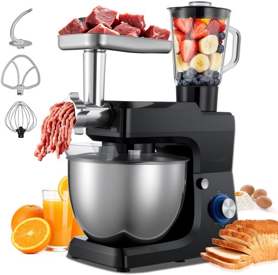 Keukenmachine - Standmixer en Deegmixer 1500 W - RVS Kom 7,8 L - Extra Kom 1,5 L - Instelbare Snelheden (6) + Puls - Deeghaak, Garde, Klopper van Merkloos