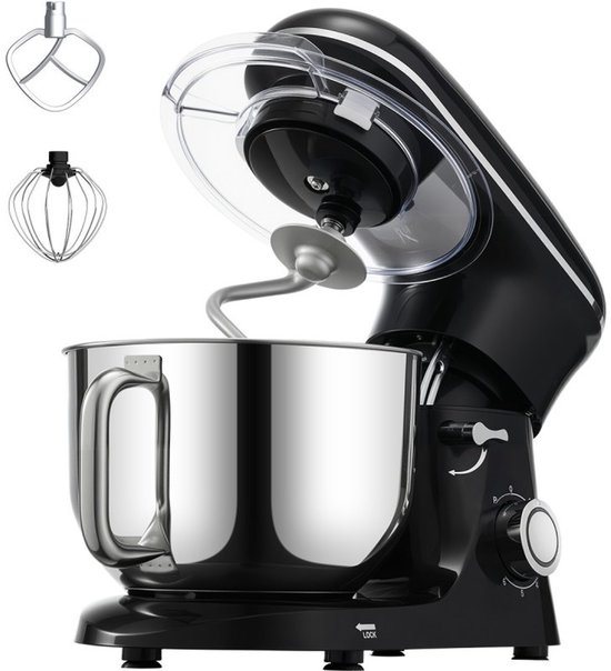 Keukenmachine - Standmixer en Deegmixer - Met Kantelbare Kop - Vermogen 1400W - Inhoud 5,68 L RVS Kom - Deeghaak en Garde - Mengschraper - Zwart van Merkloos