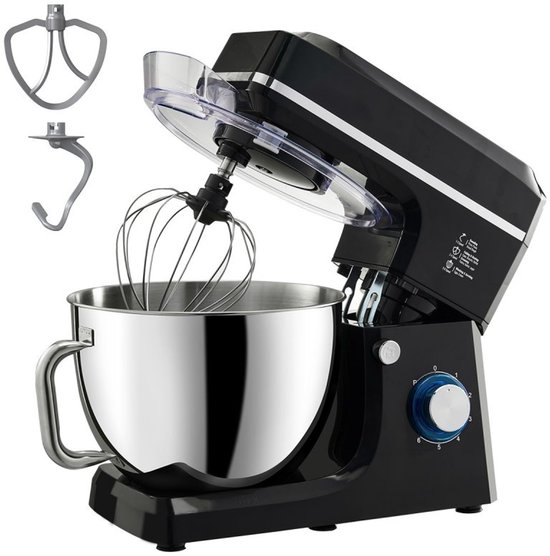 Keukenmachine - Standmixer - Vermogen 1400 W - Inhoud 7,84 L - Kantelbare Kop - RVS Kom - Inclusief Deeghaak, Garde, Schraper - Zwart