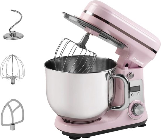 Keukenmachine, Super Silent (65db) 4-1 keukenmachine met DC-motor, 6 liter mengkom, incl. kneedhaak, garde en deegrager, 6 snelheden + pulsfunctie, kleur: roze