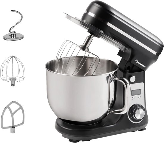 Keukenmachine, Super Silent (65db) 4-1 keukenmachine met DC-motor, 6 liter mengkom, incl. kneedhaak, garde en deegrager, 6 snelheden + pulsfunctie, kleur: zwart