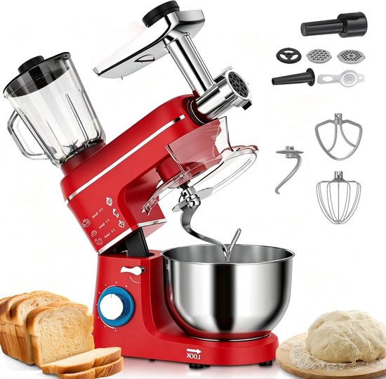 Keukenmixer 5-in-1 - Keukenmachine multifunctioneel - Bakken en koken - 1400W kantelbare kop - 10L kom - Rood