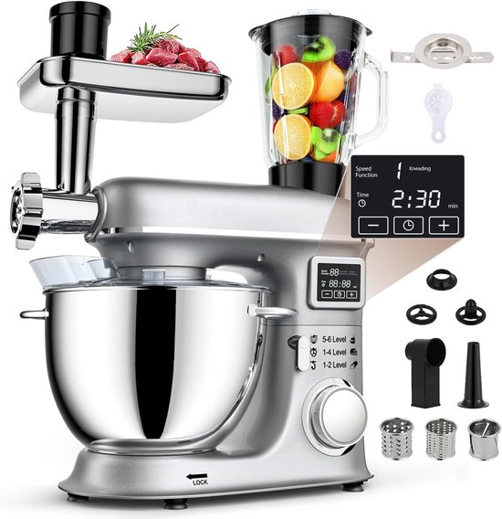 Keukenmixer - Bakmachine Beslagmaker - Veelzijdige Keukentaken - 7 Snelheden Digitale Display - 8 Liter Kom - Zilver