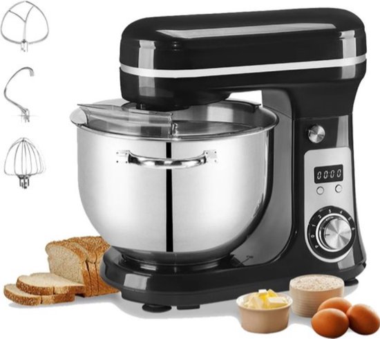 Keukenmixer - Deegmachine - Keukenmachine - Deegmixer - Kneedmachine - 6L - 4Kg - 1200W - RVS - Zwart