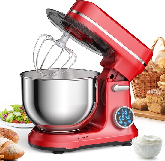 Keukenmixer - Elektrische Voedselmixer - Deegmixer - Rood - 1200 W - 11 Snelheden - Gelijkstroommotor - Digitaal OLED-Scherm - Deeghaak en Garde - Voor Keuken en Bakken Thuis
